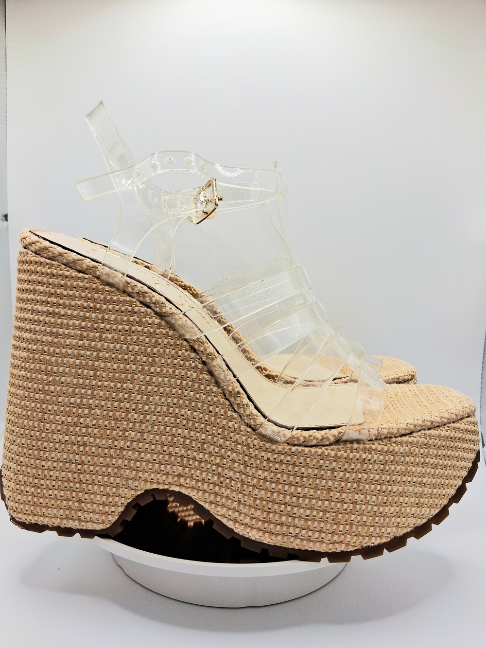 Jessica Simpson Clear-Strap Tan Woven Platform Wedges Heels Shoes 7 M
